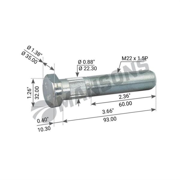 Шпилька колісна М22х1,5/93 SAF SKRZ 9019/9022,1303107512,FE02407,AUG65162,SAMPA075.100